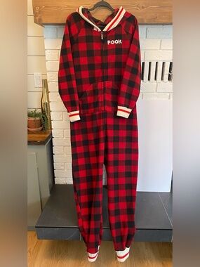POOK Men’s Buffalo Plaid Fleece One Piece Pajama Jumpsuit Red Black XL